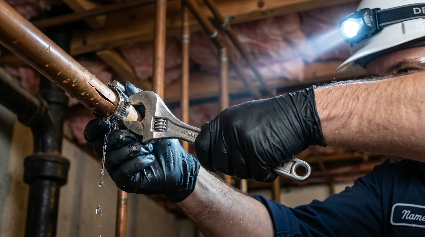 Emergency pipe clamp repair being performed by a Johns Plumbing LLC plumber in Newburgh